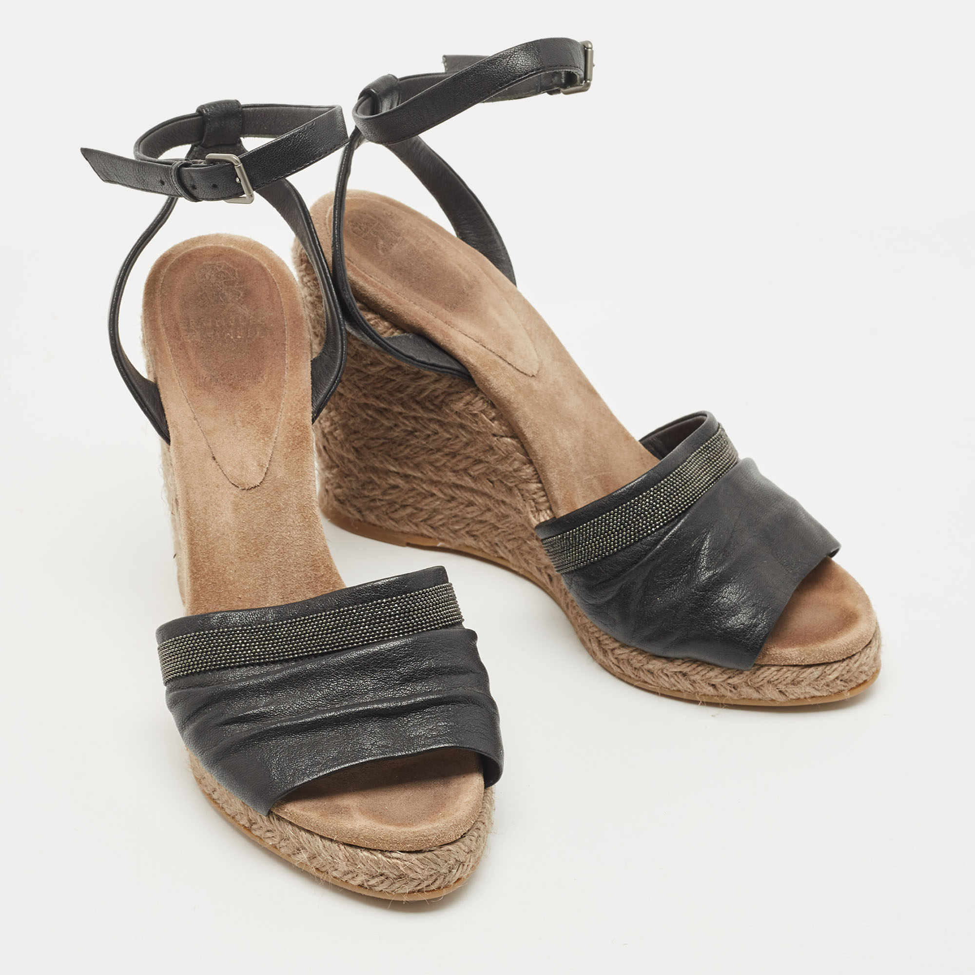 Brunello Cucinelli Black Leather Ankle Strap Wedge Sandals Size 40