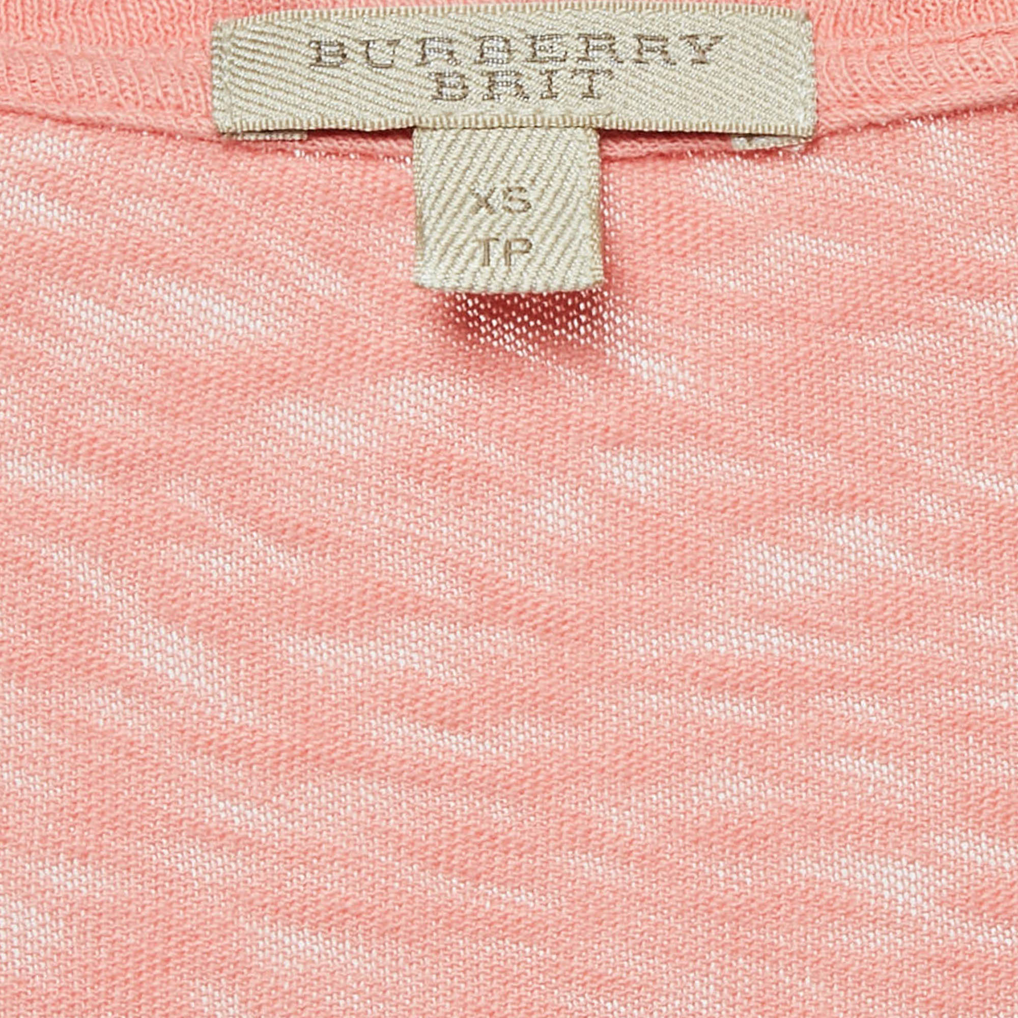 Burberry Brit Coral Pink Check Sprayed Cotton Scoop Neck T-Shirt XS