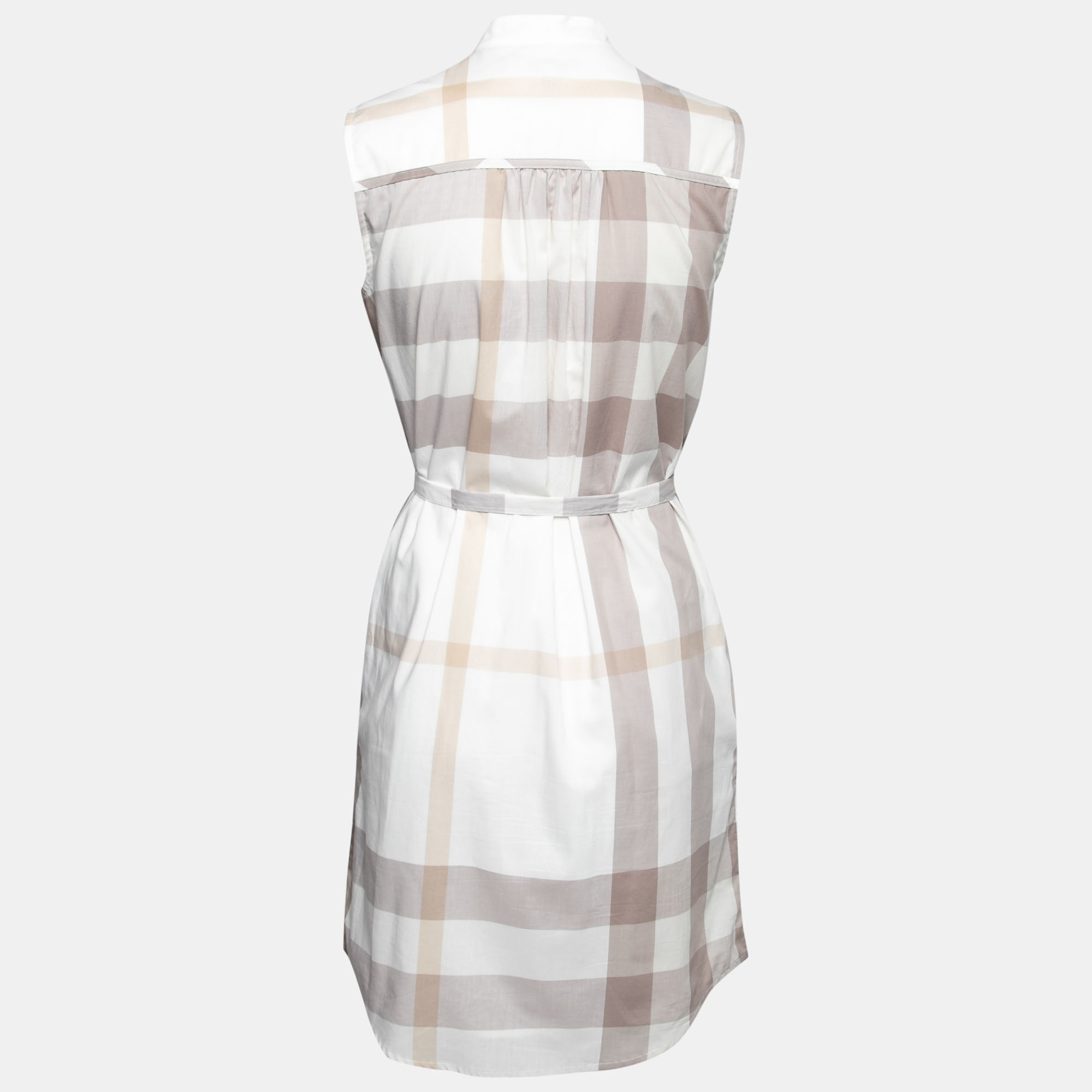 

Burberry Brit Off White Checked Cotton Sleeveless Belted Shirt Dress
