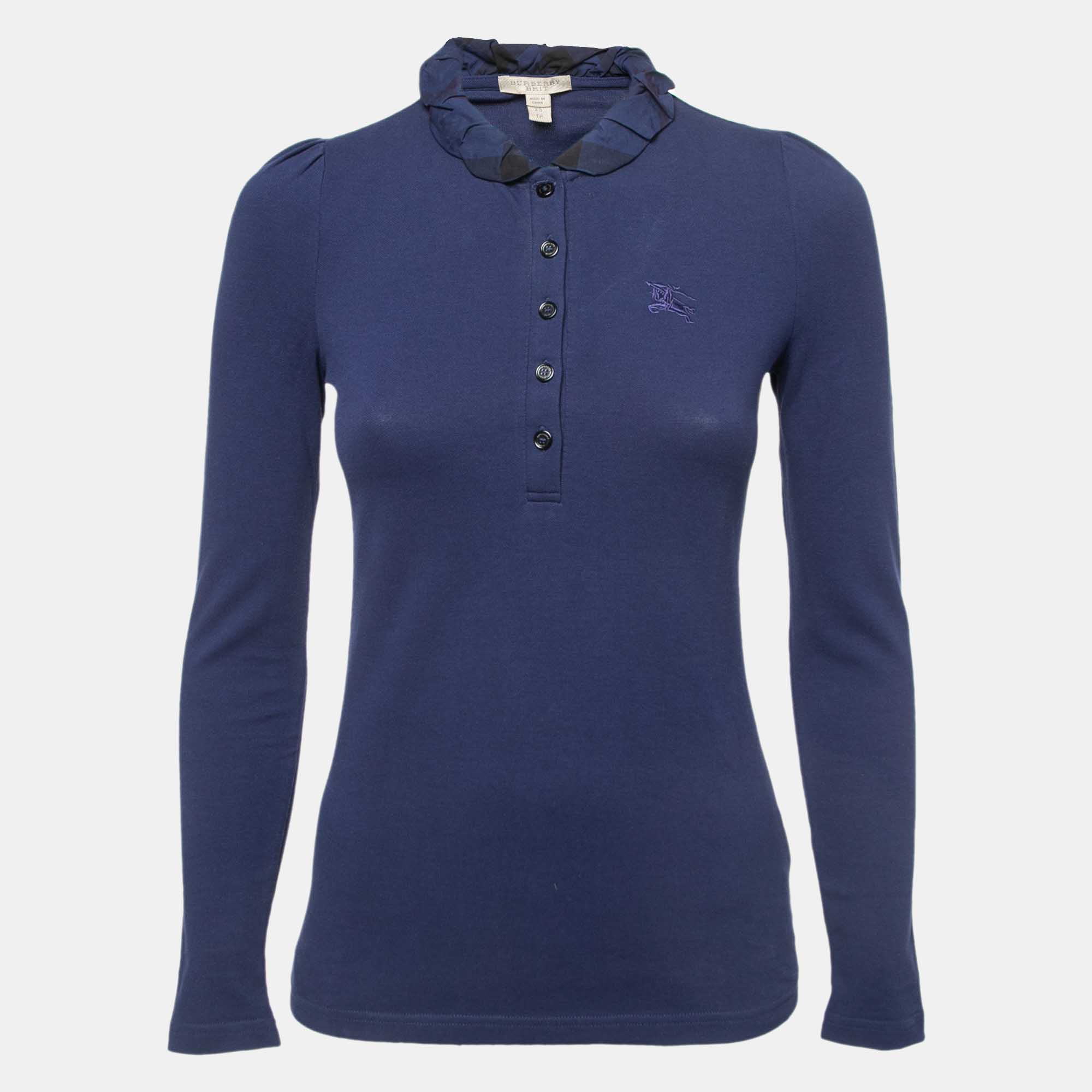 Burberry Brit Navy Blue Cotton Ruffled Collar Full Sleeve Polo T-Shirt XS