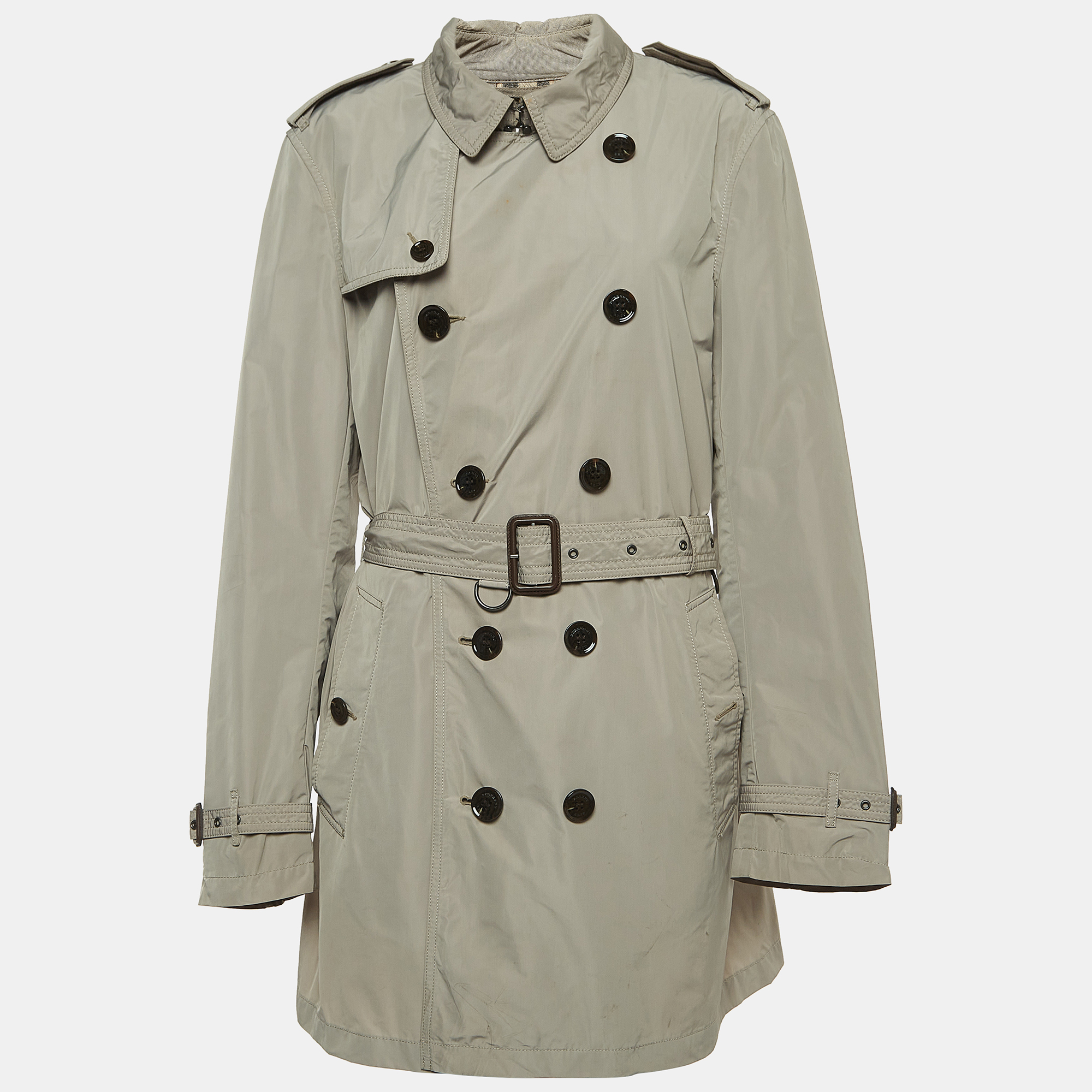 Burberry Brit Beige Synthetic Double Breasted Belted Trench Coat L
