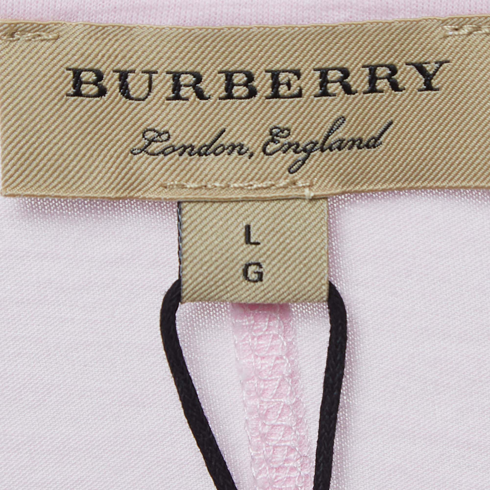 Burberry London Light Pink Logo Embroidered Cotton V-Neck T-Shirt L