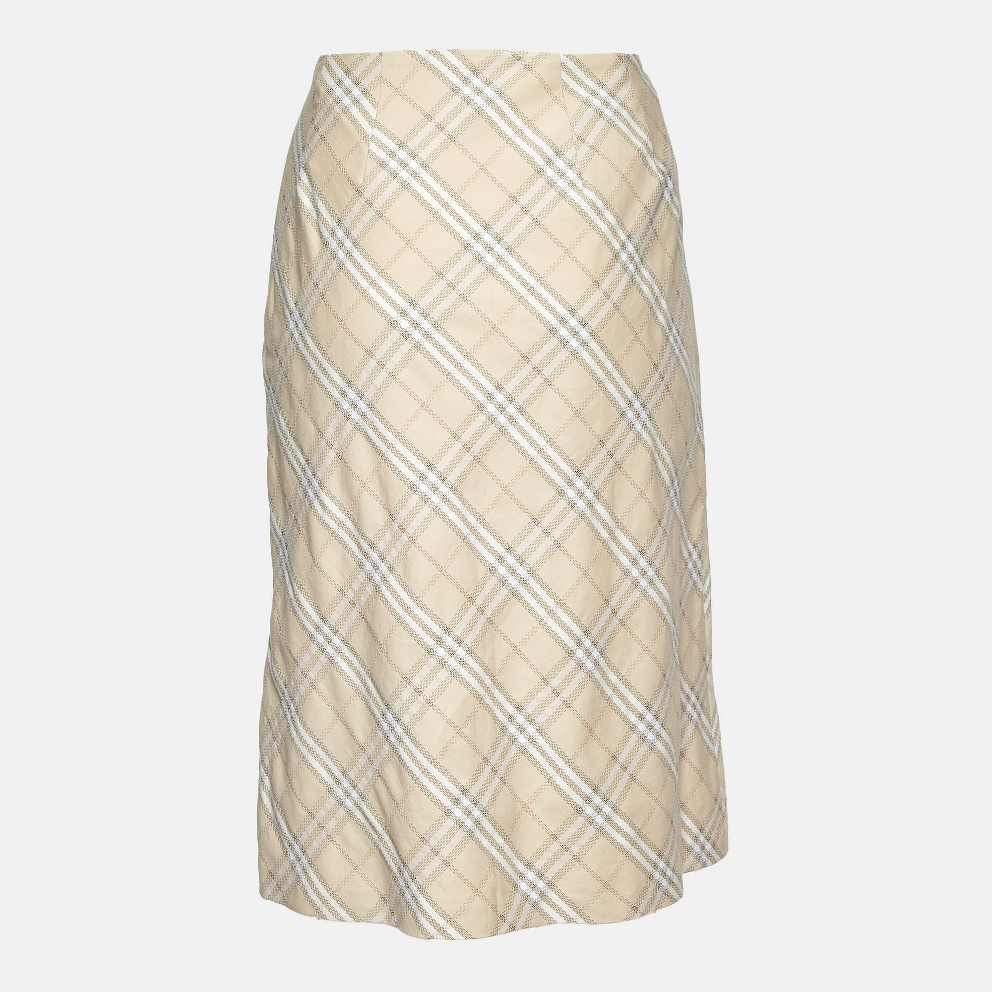 Burberry Beige Plaid Cotton Blend Midi Skirt M