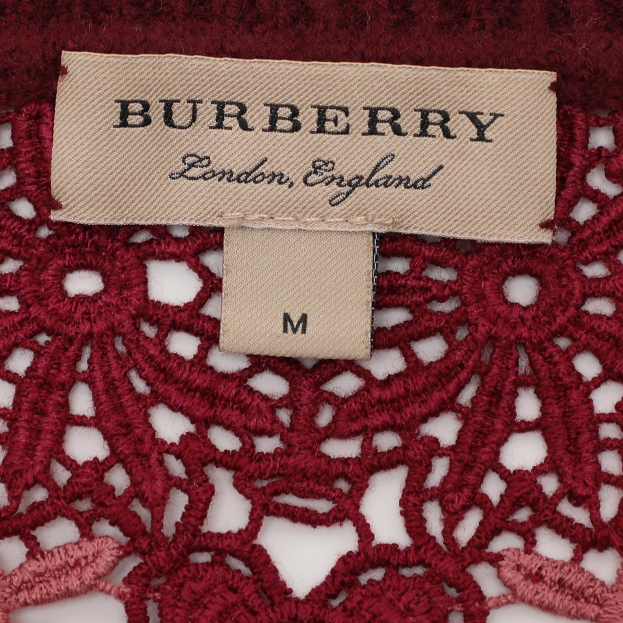 Burberry London Burgundy Merino Wool Knit Macrame Lace Detail Button Front Cardigan M