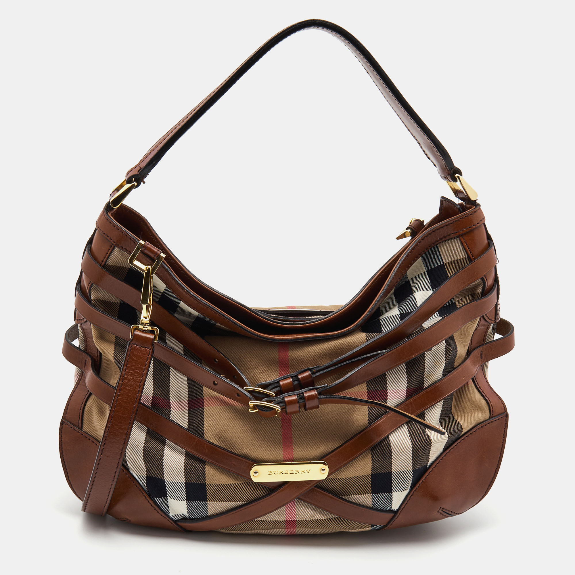 Burberry Brown House Check Canvas And Leather Dutton Hobo