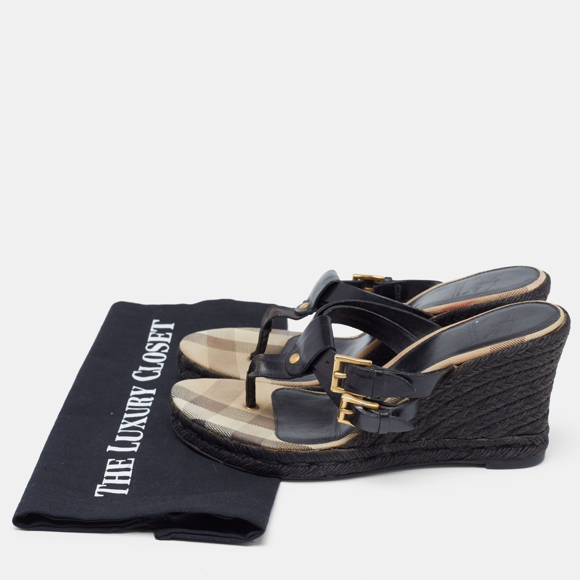 Burberry Black Leather Wedge Espadrille Thong Slide Sandals Size 39