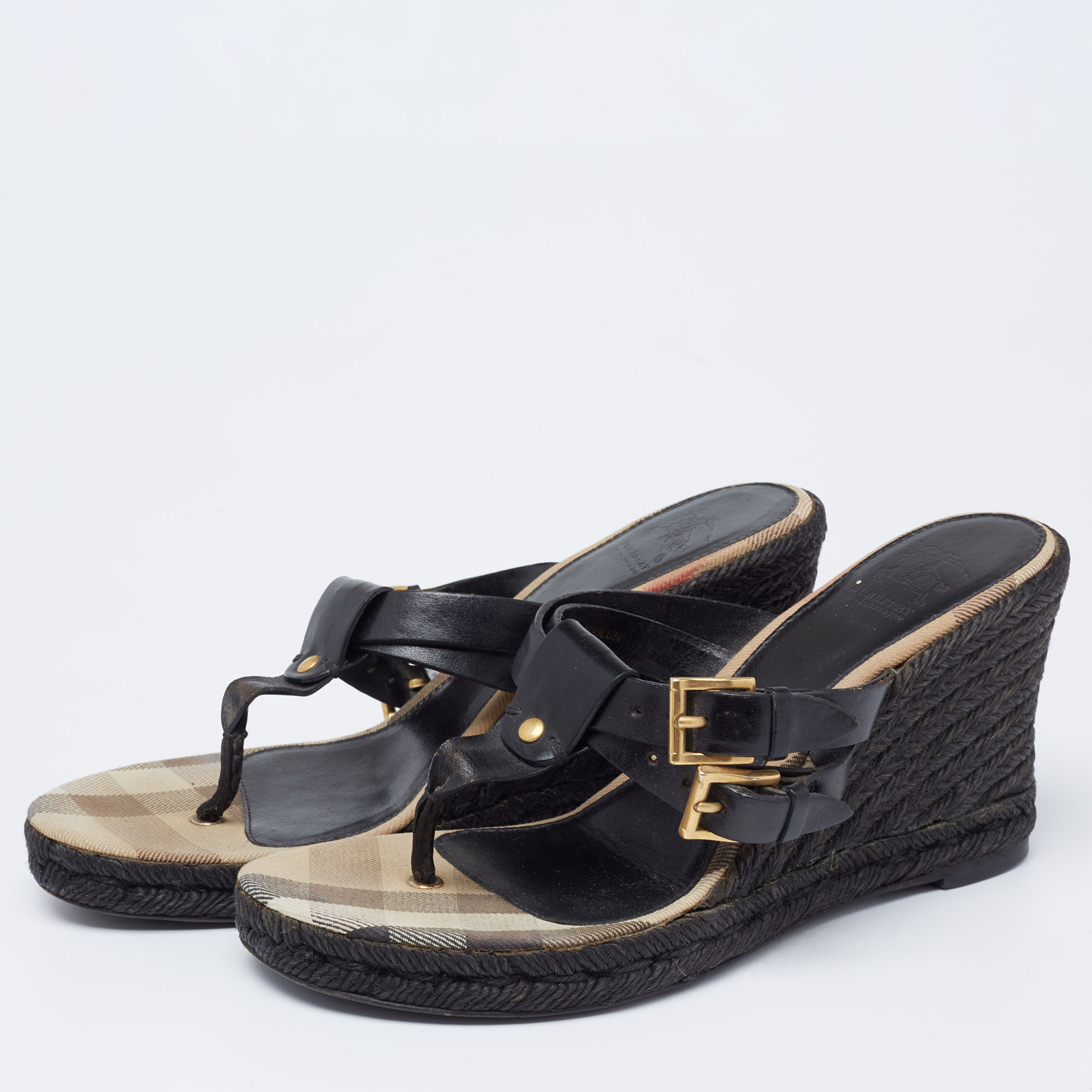 

Burberry Black Leather Wedge Espadrille Thong Slide Sandals Size