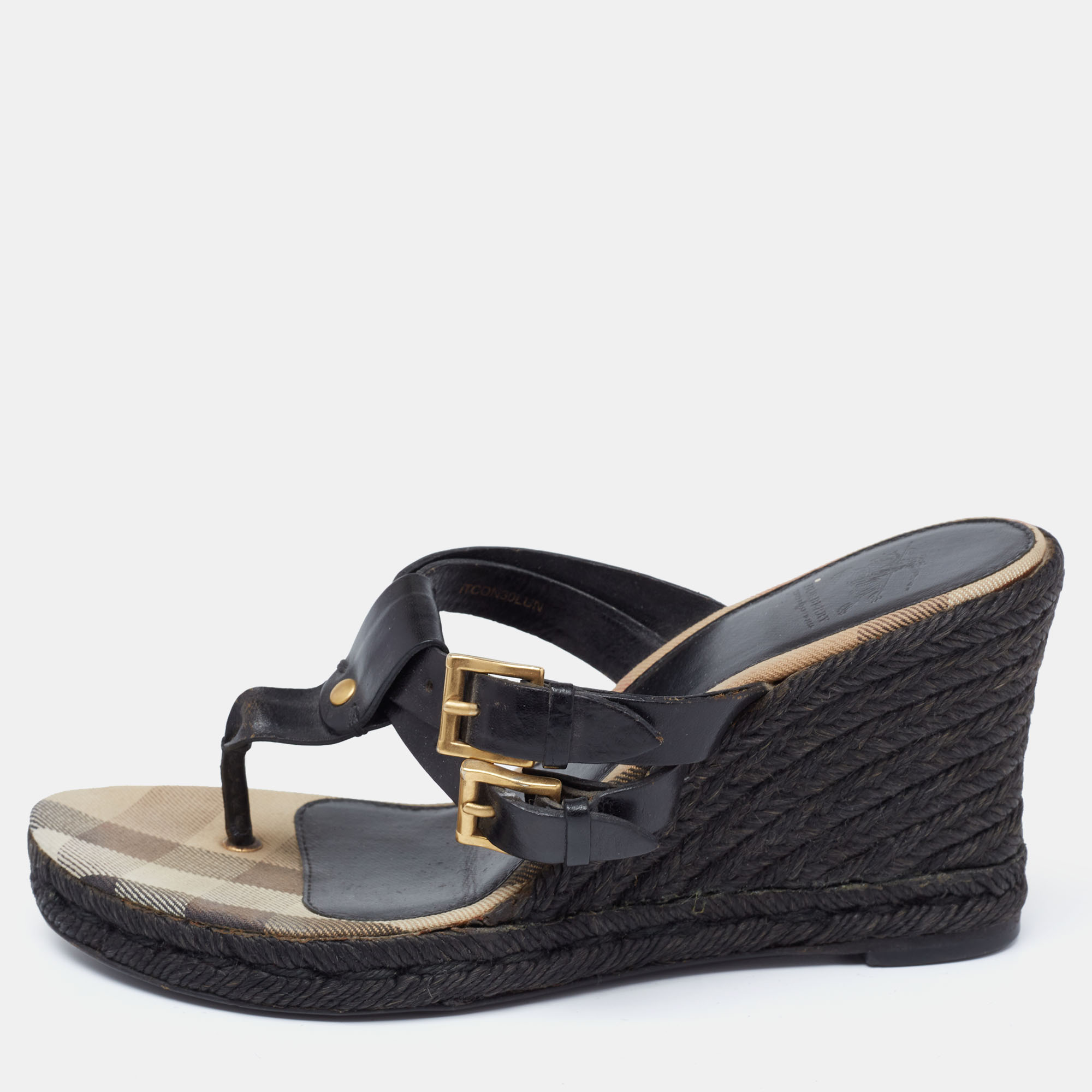 Burberry Black Leather Wedge Espadrille Thong Slide Sandals Size 39