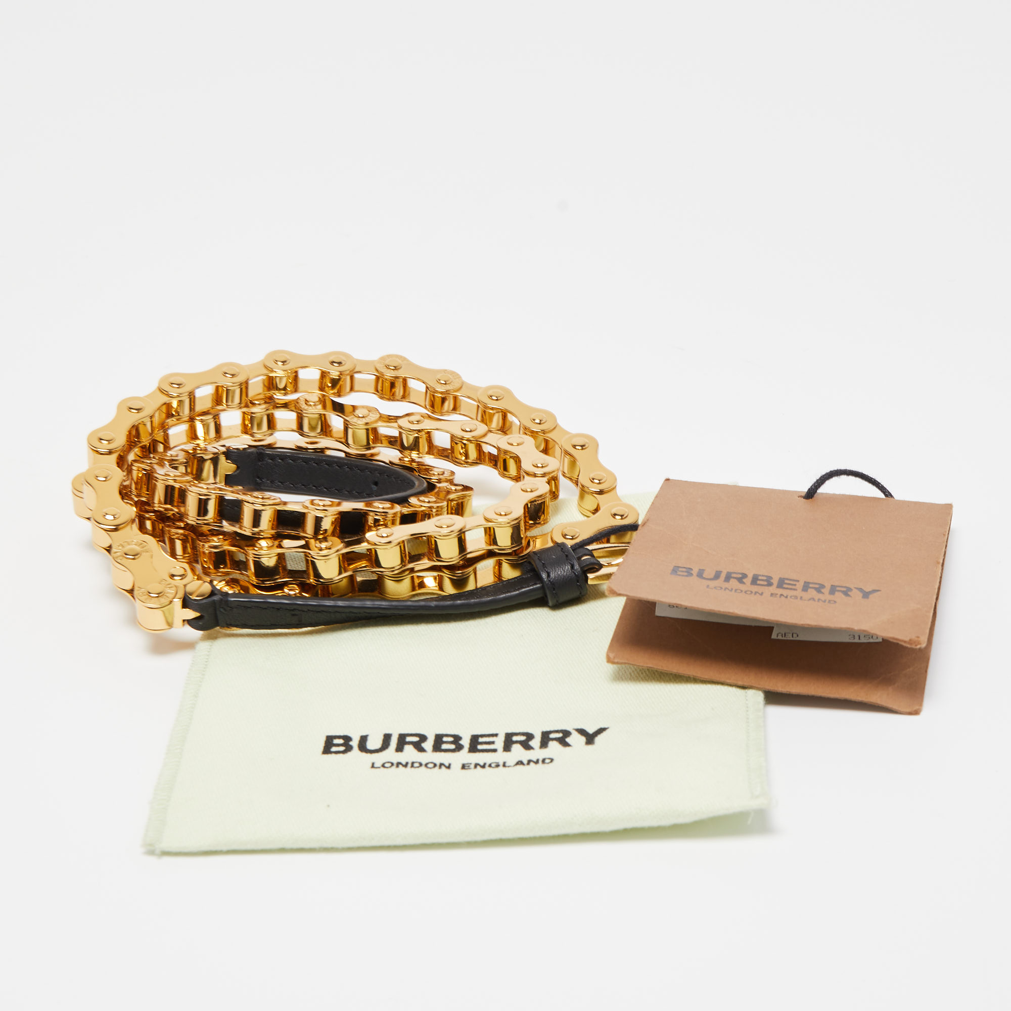 Burberry Black Gold Plated Metal And Leather Bike Chain Belt 95CM