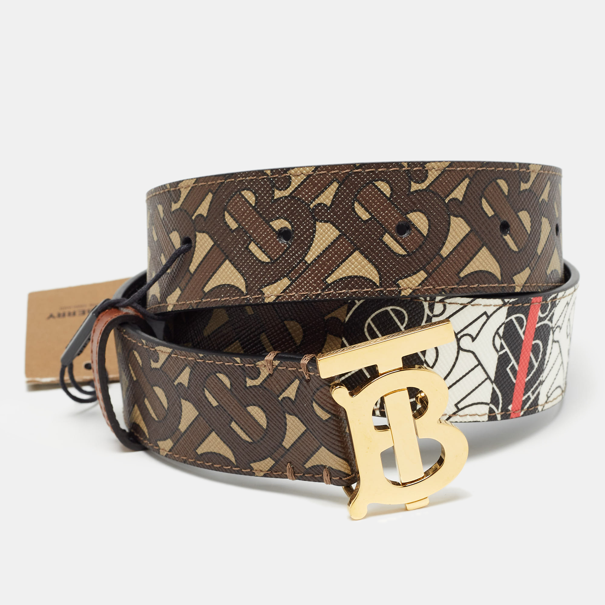 Burberry brown monogram coated canvas and leather tb buckle belt s
