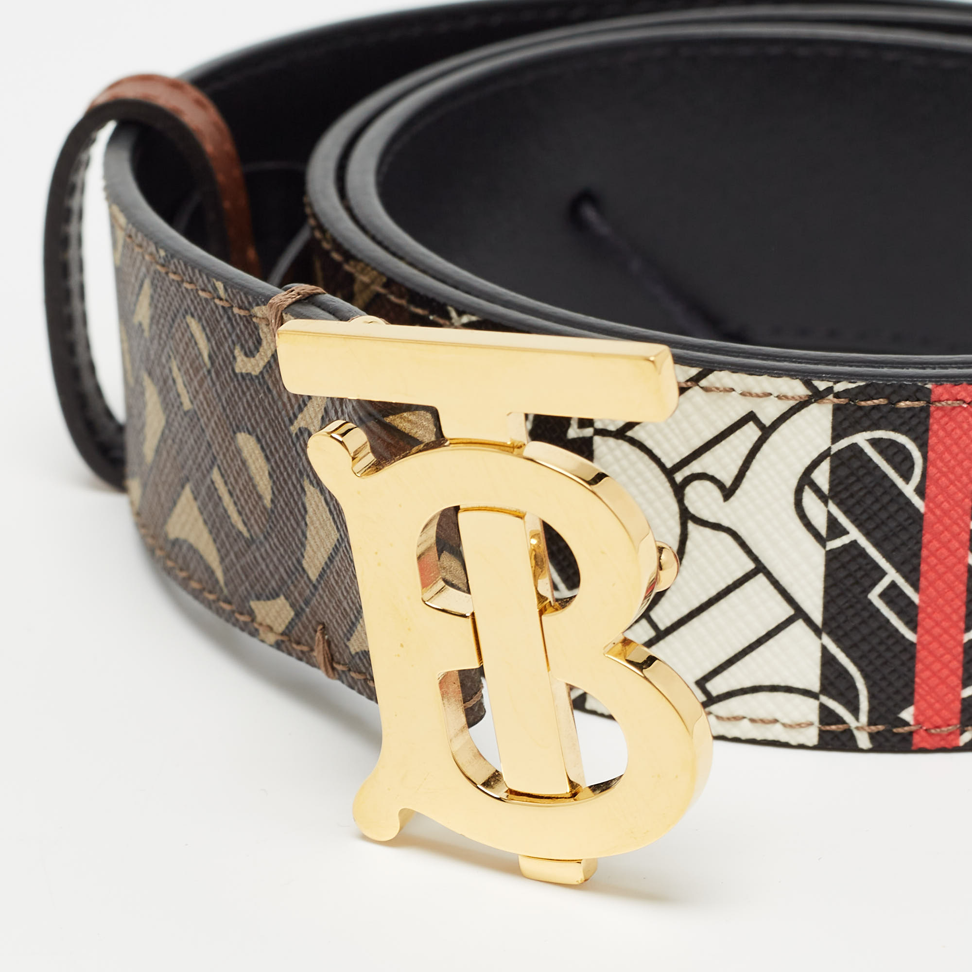 Burberry Brown Monogram Coated Canvas And Leather TB Buckle Belt S