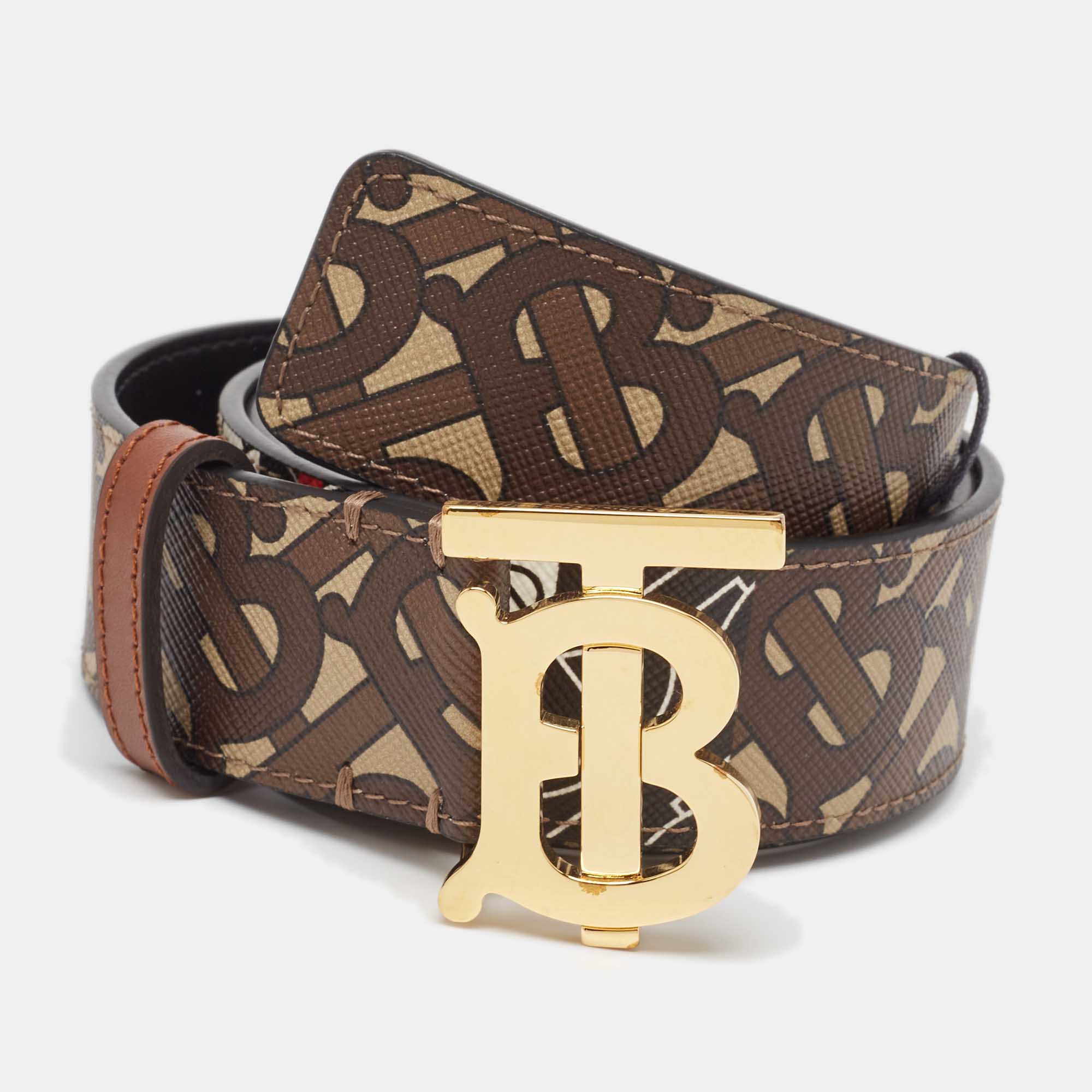 Burberry brown monogram coated canvas and leather tb buckle belt s