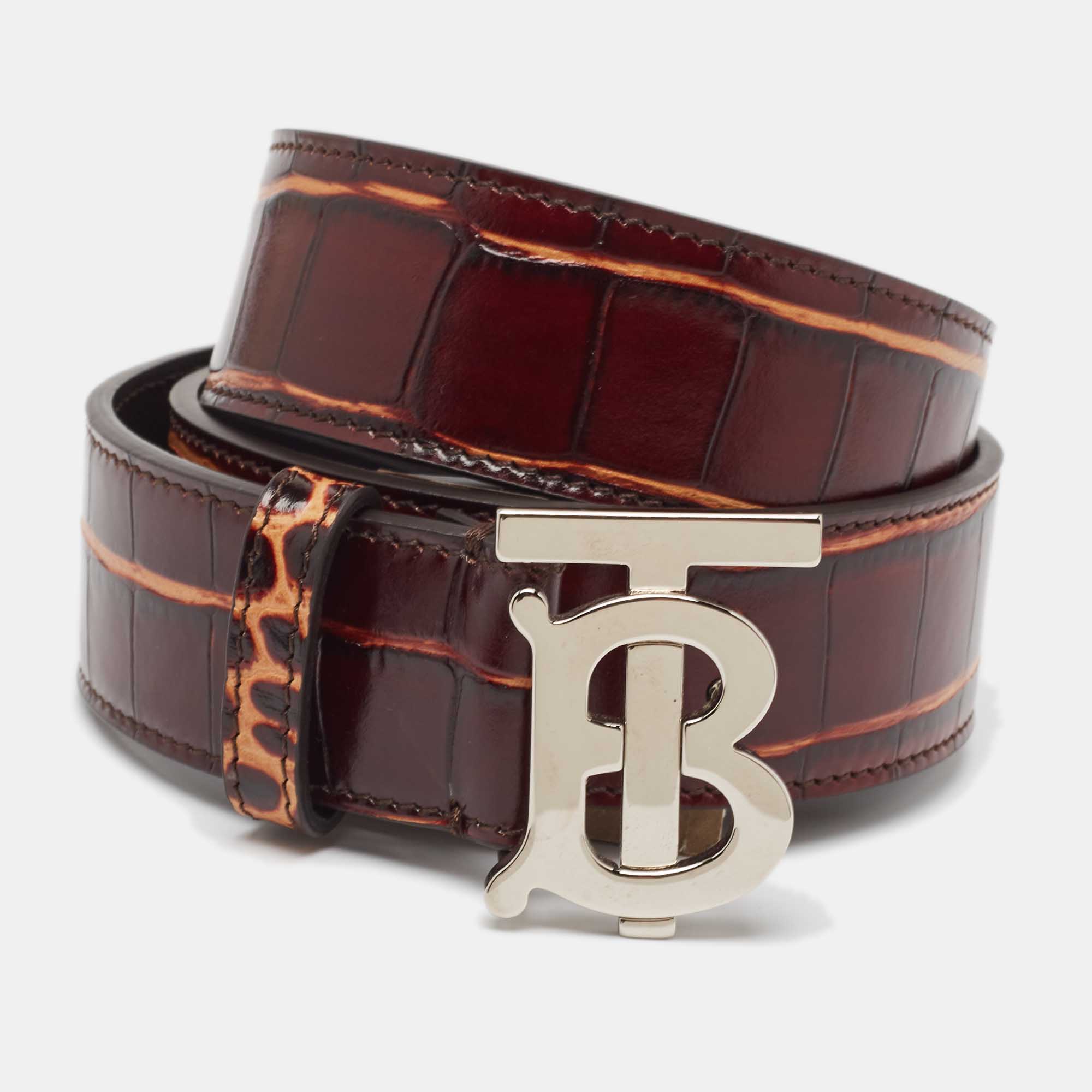 Burberry brown croc embossed leather tb buckle belt 80cm