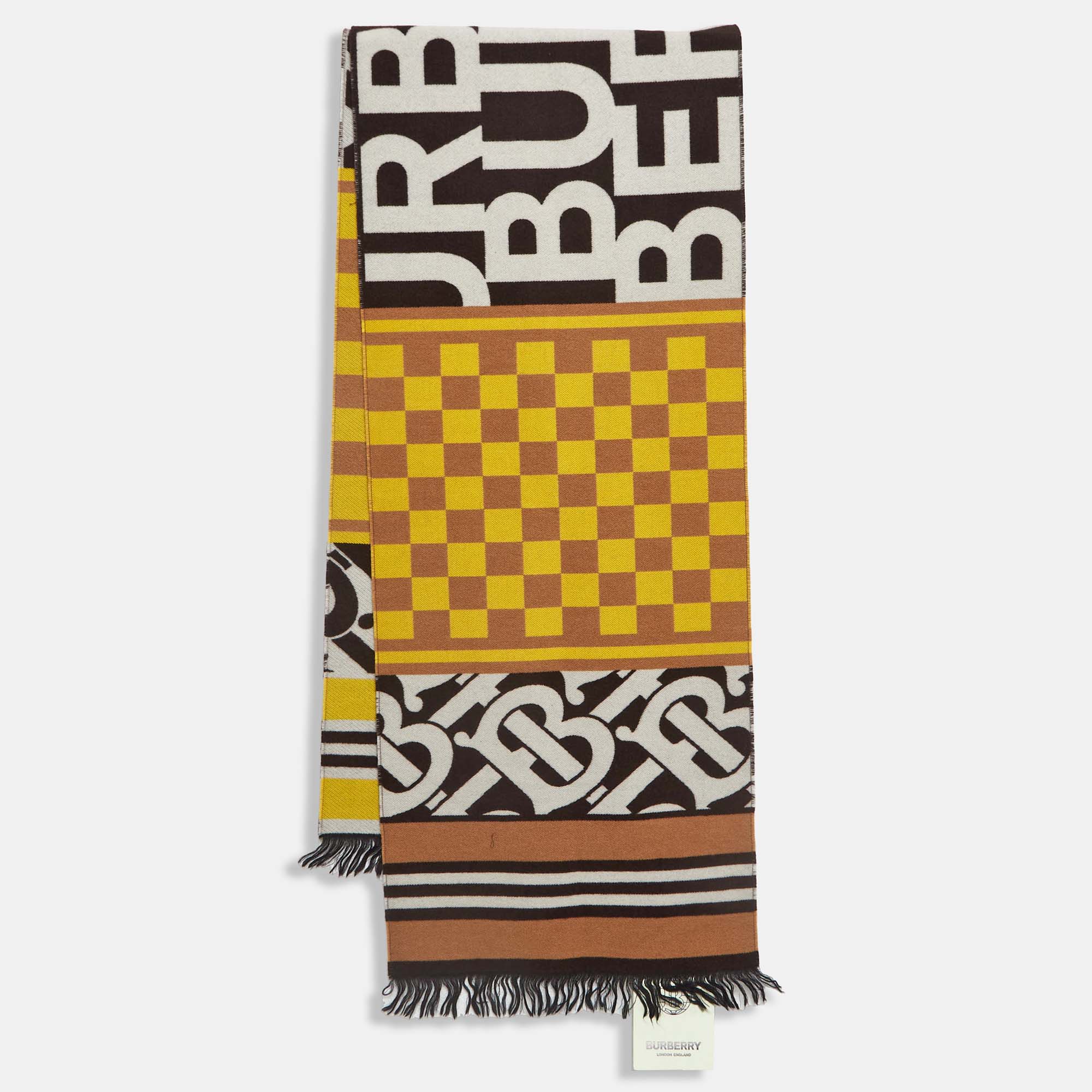 

Burberry Yellow Text and Checkerboard Cashmere Blend Football Scarf