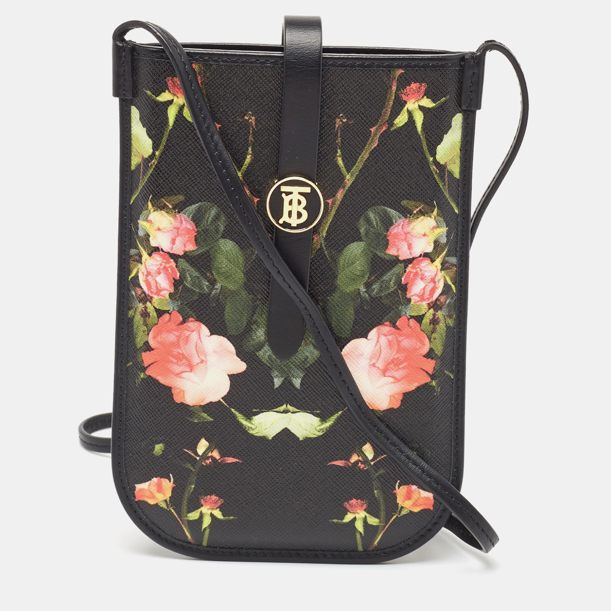 Burberry black floral print coated canvas anne phone pouch with strap