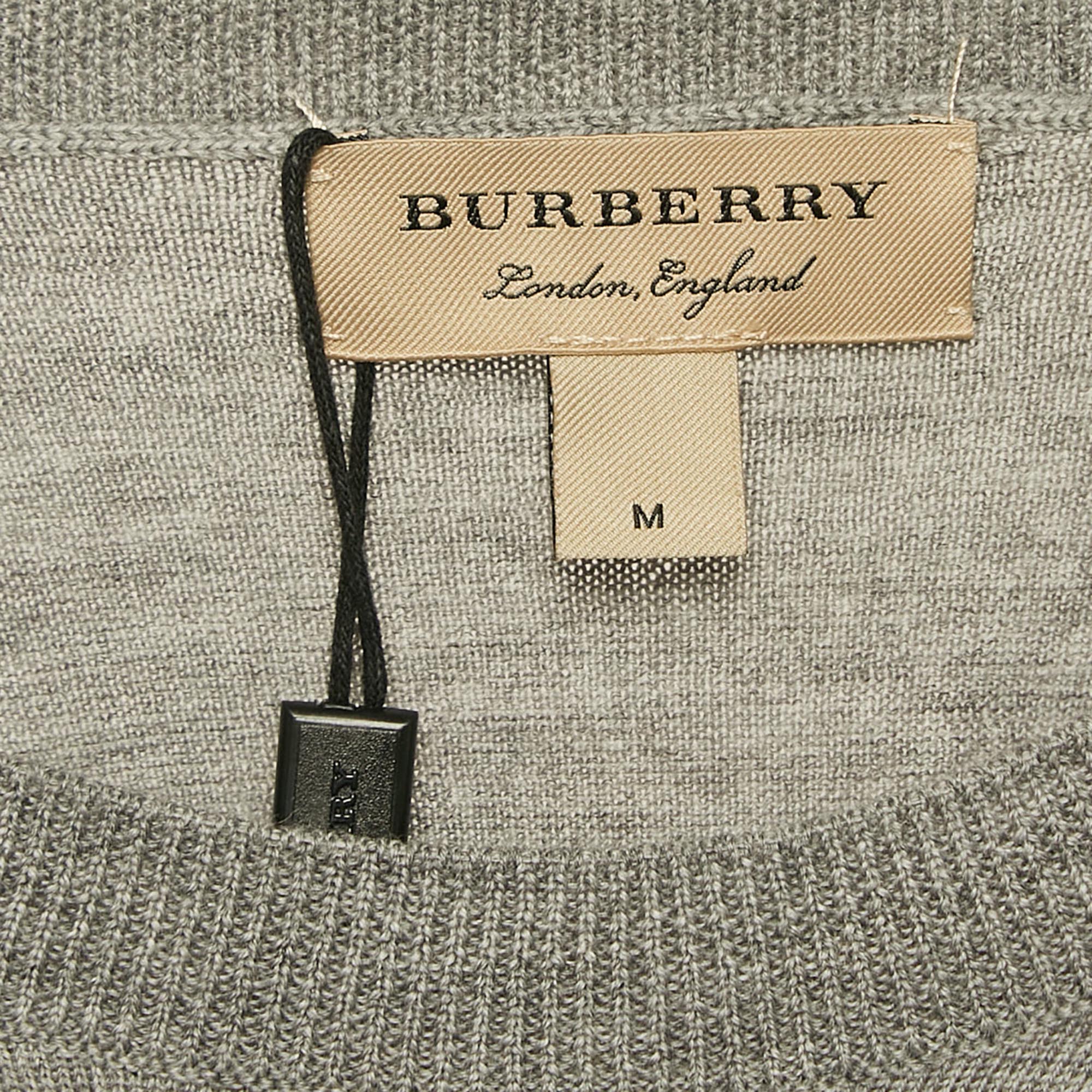 Burberry Grey Melanga Merino Wool Knit Patch Detail Sweatshirt M