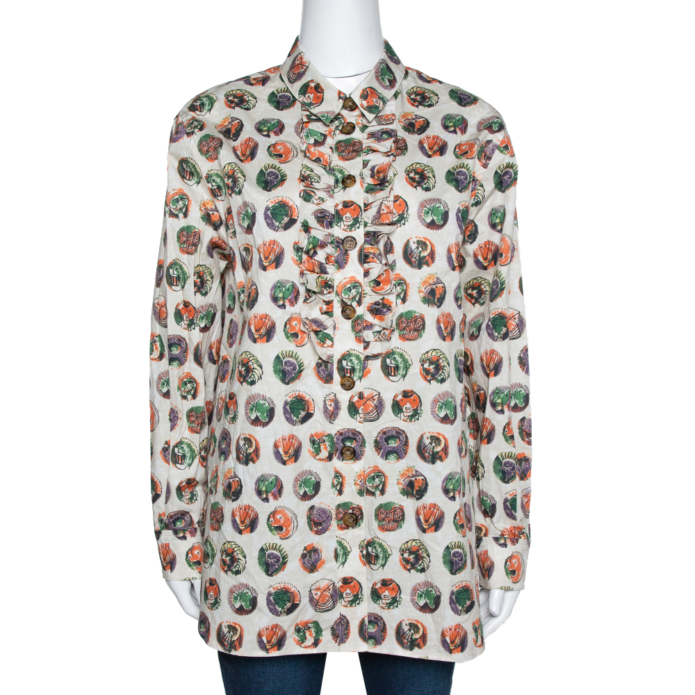 Image of Burberry Beige Printed Cotton Ruffle Detail Alexa Shirt M