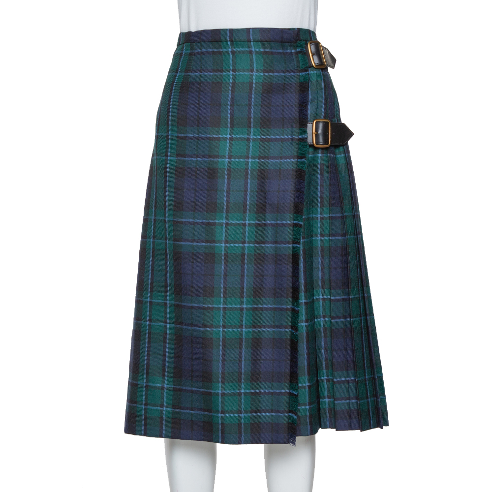 Image of Burberry Green Plaid Wool Pleated Taybridge Wrap Skirt M