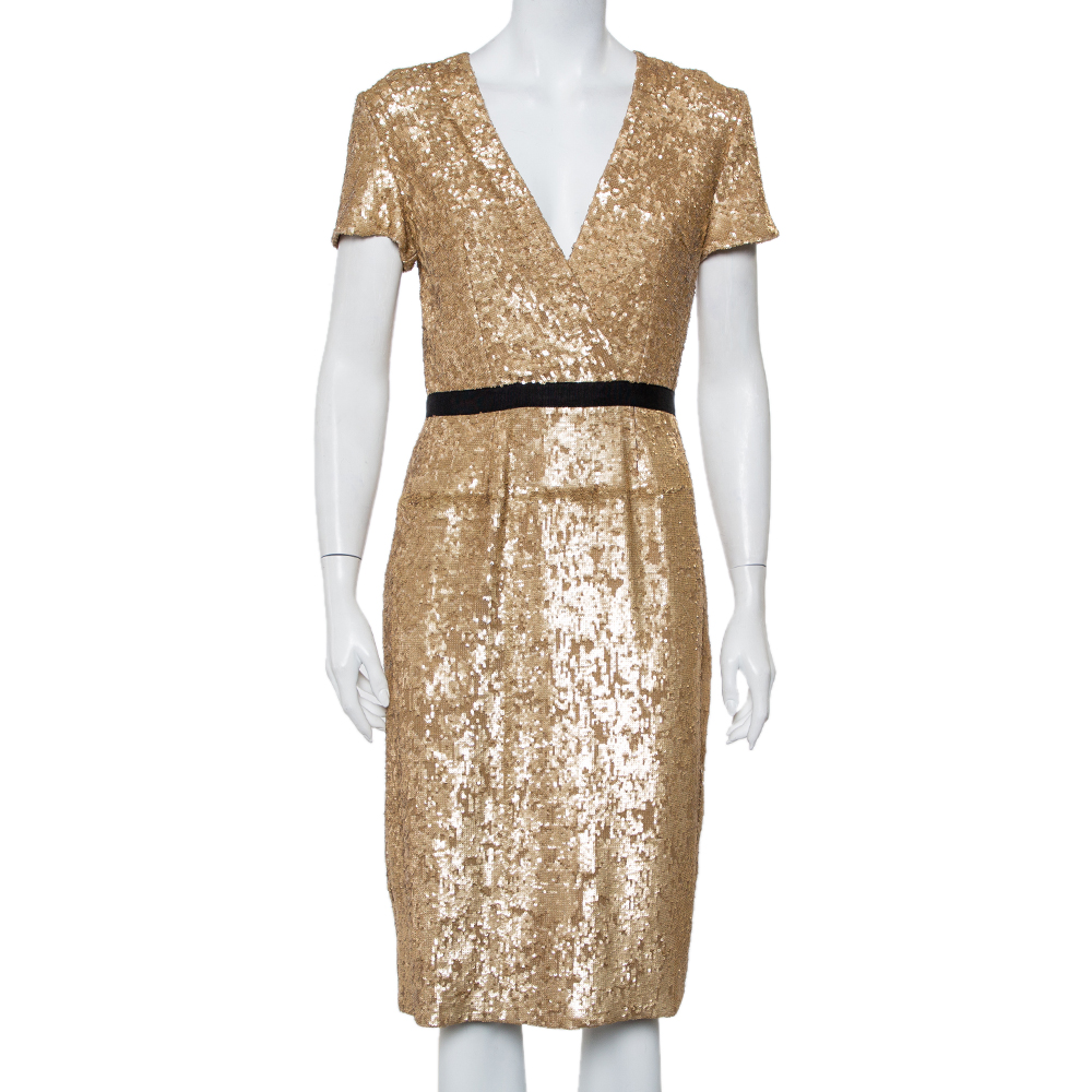 Burberry Vintage Gold Sequined V Neck Sheath Dress S
