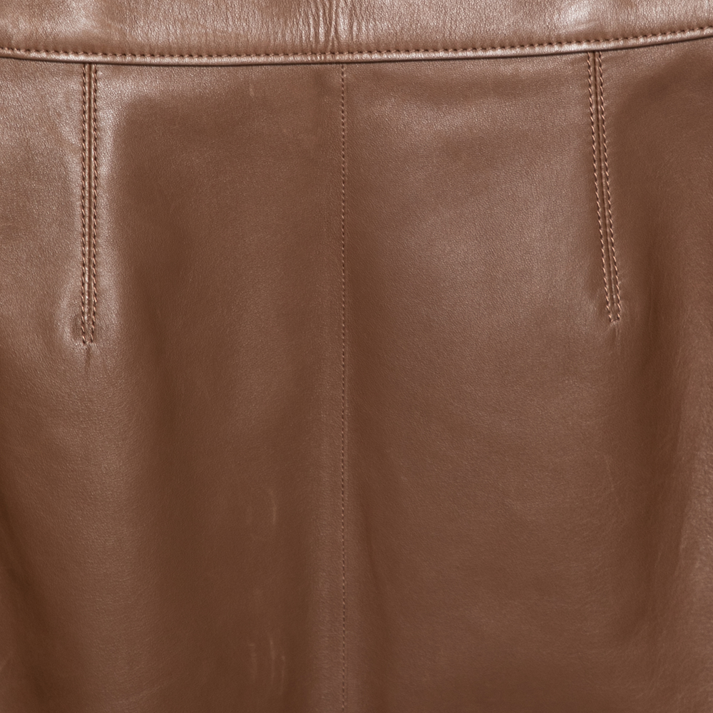 Burberry Brown Leather Double Zip Pencil Midi Skirt XS