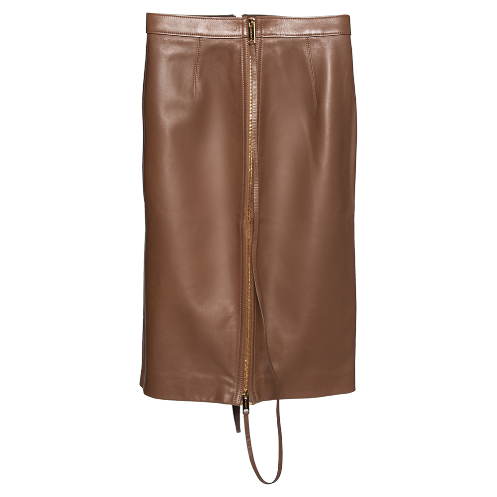 Burberry Brown Leather Double Zip Pencil Midi Skirt XS