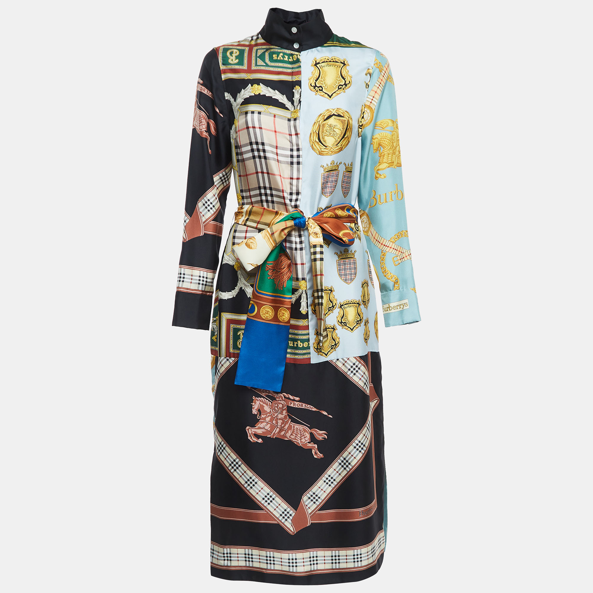 Burberry multicolor printed silk belted shirt dress s