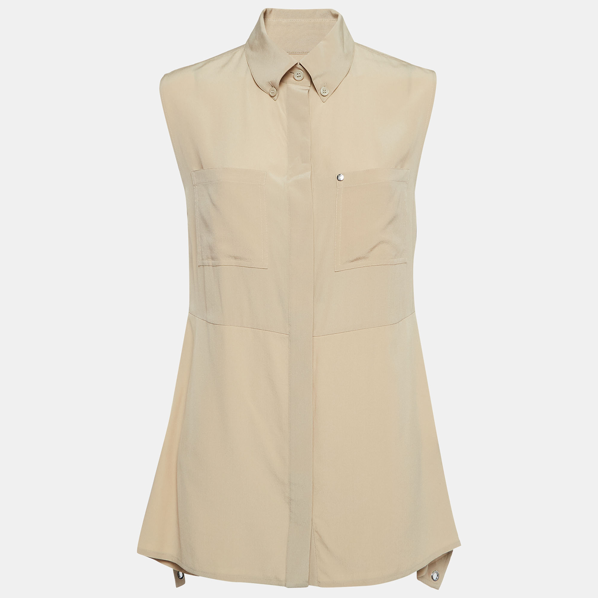Burberry beige silk buttoned a-line sleeveless shirt blouse s