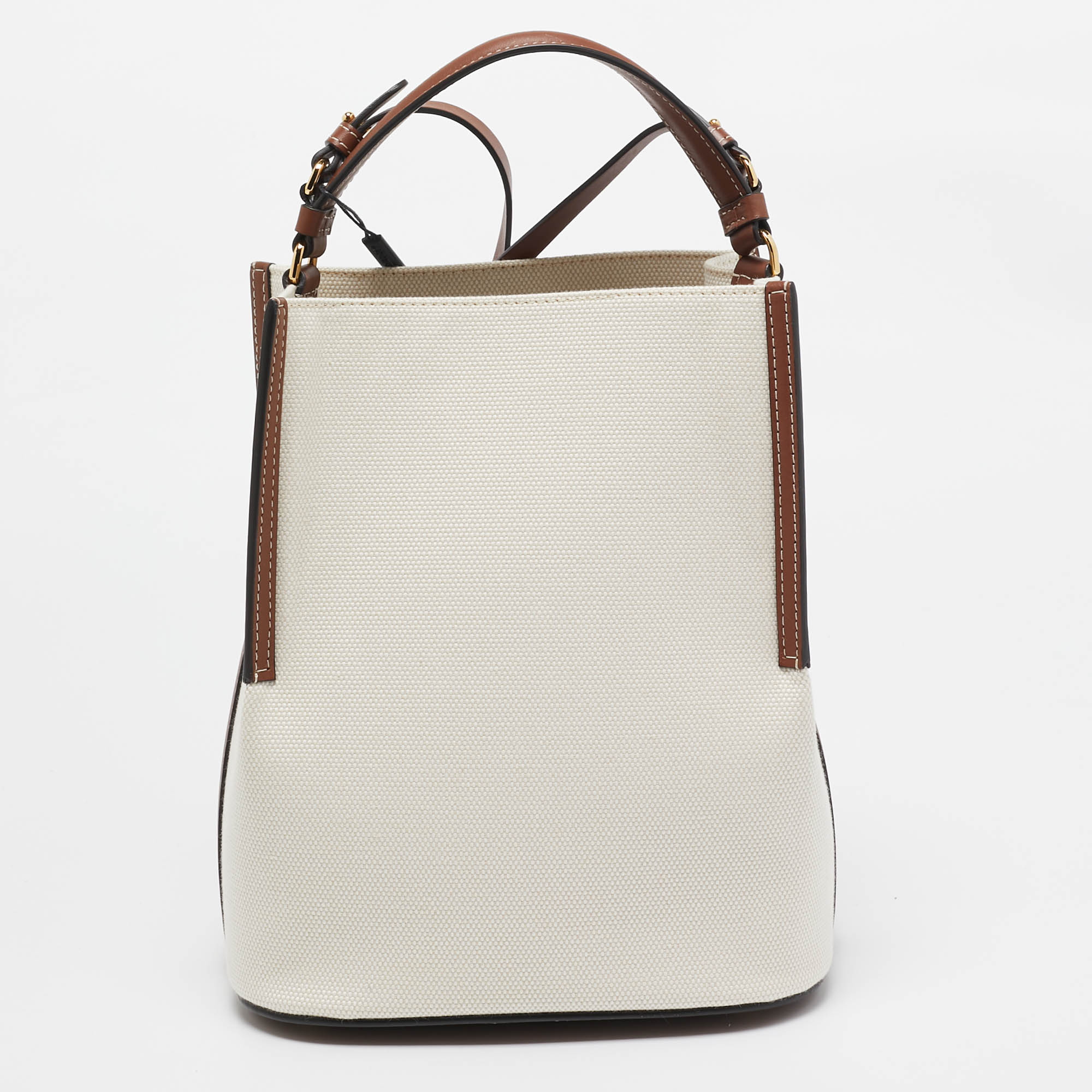 Burberry Off White/Brown Canvas And Leather Small Peggy Bucket Bag