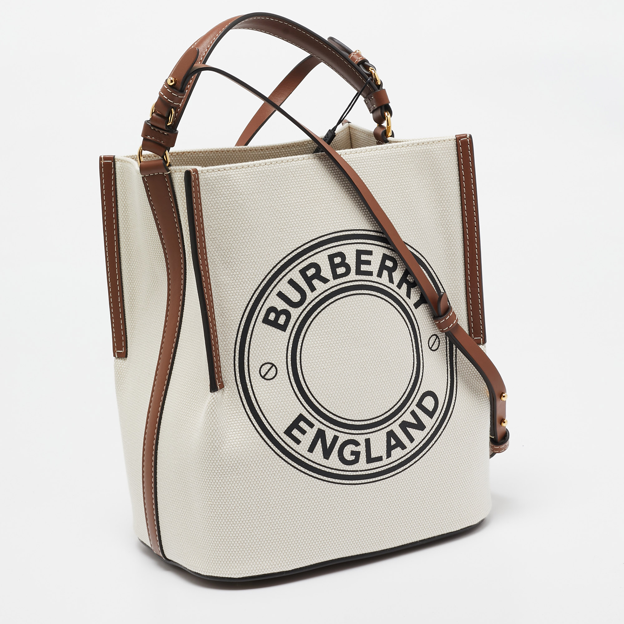 Burberry Off White/Brown Canvas And Leather Small Peggy Bucket Bag