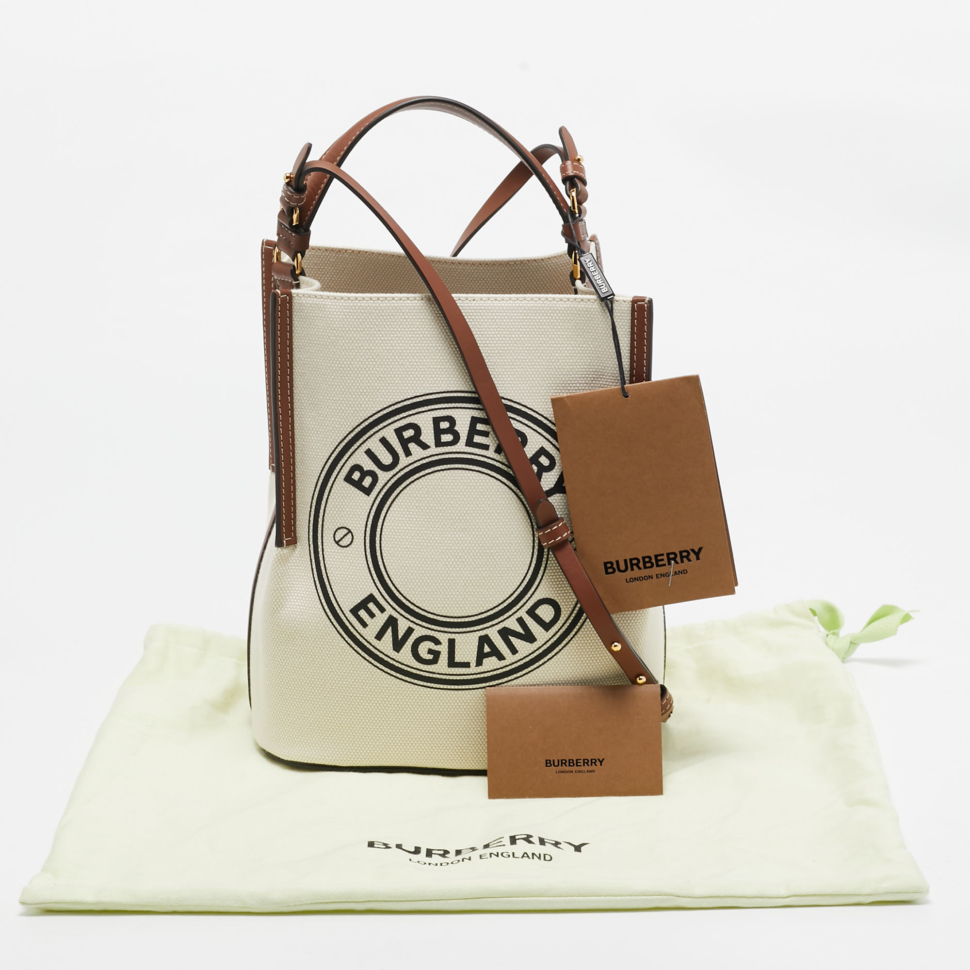 Burberry Off White/Brown Canvas And Leather Small Peggy Bucket Bag