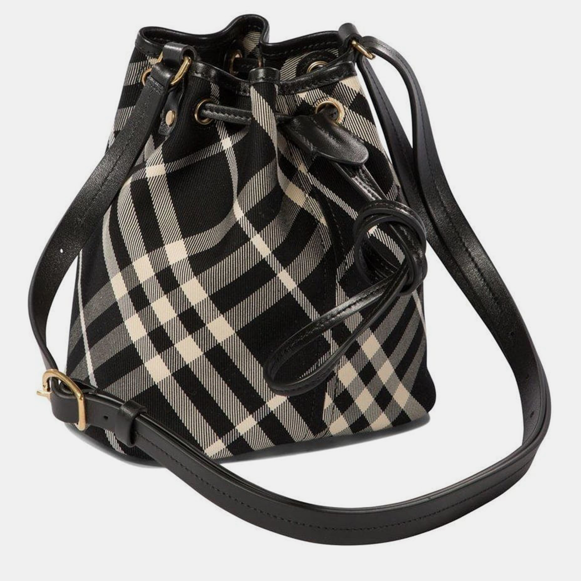 Burberry Black/white Checked Drawstring Mini Bucket Bag