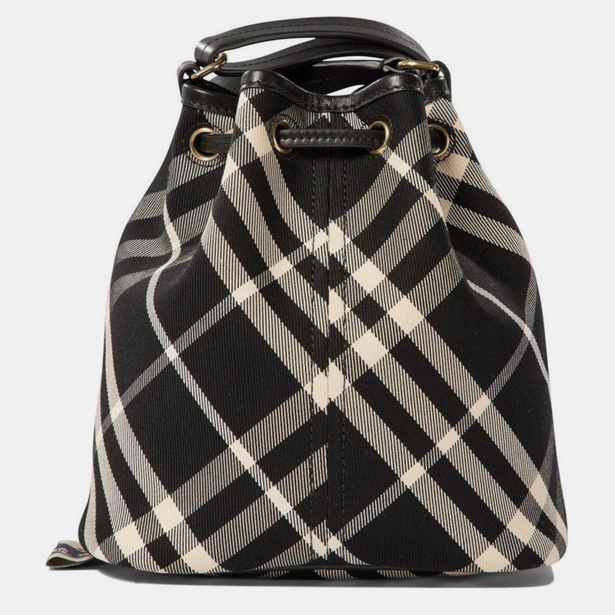 Burberry Black/white Checked Drawstring Mini Bucket Bag