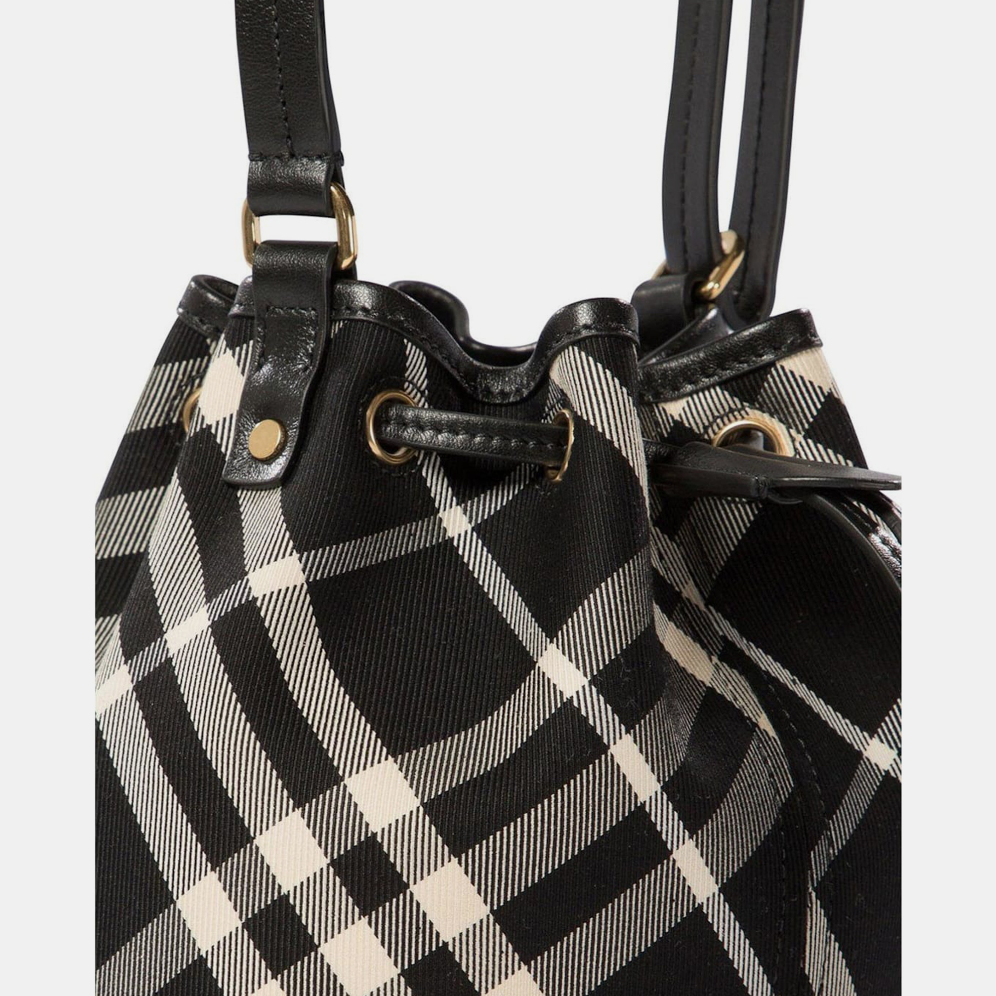 Burberry Black/white Checked Drawstring Mini Bucket Bag