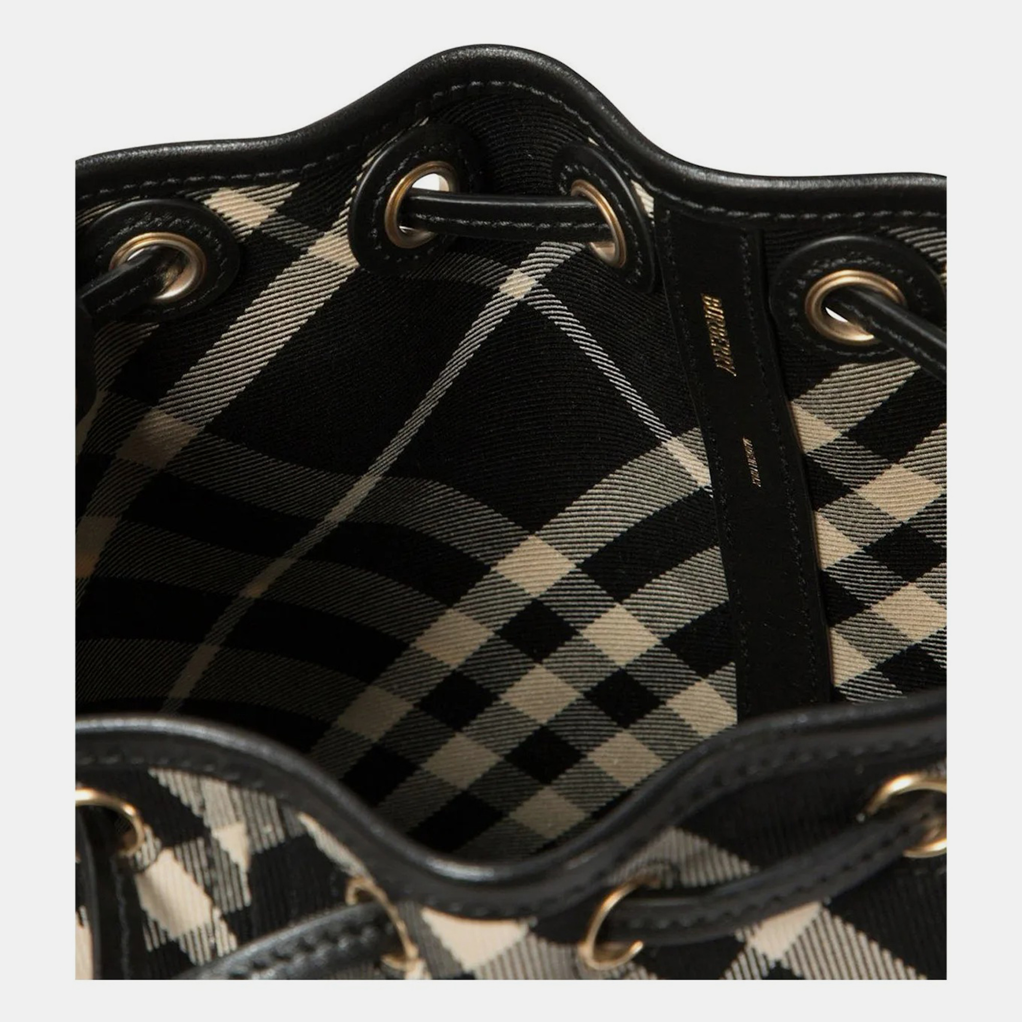 Burberry Black/white Checked Drawstring Mini Bucket Bag