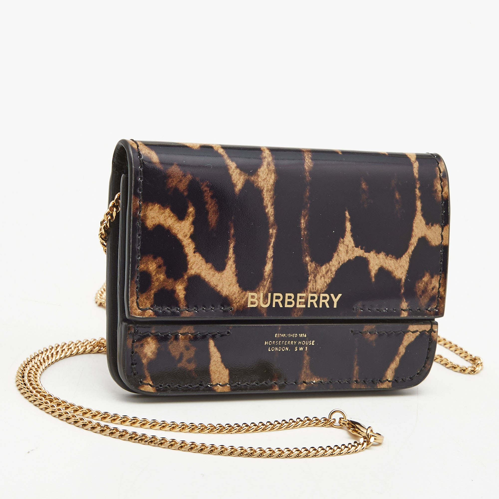 Burberry Black/Brown Leopard Print Leather Jody Chain Card Case