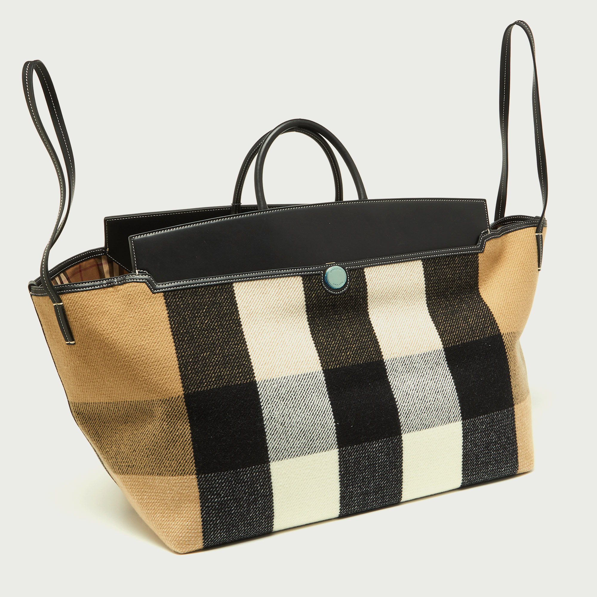 Burberry Black/Beige Check Wool And Leather XL Society Holdall Tote
