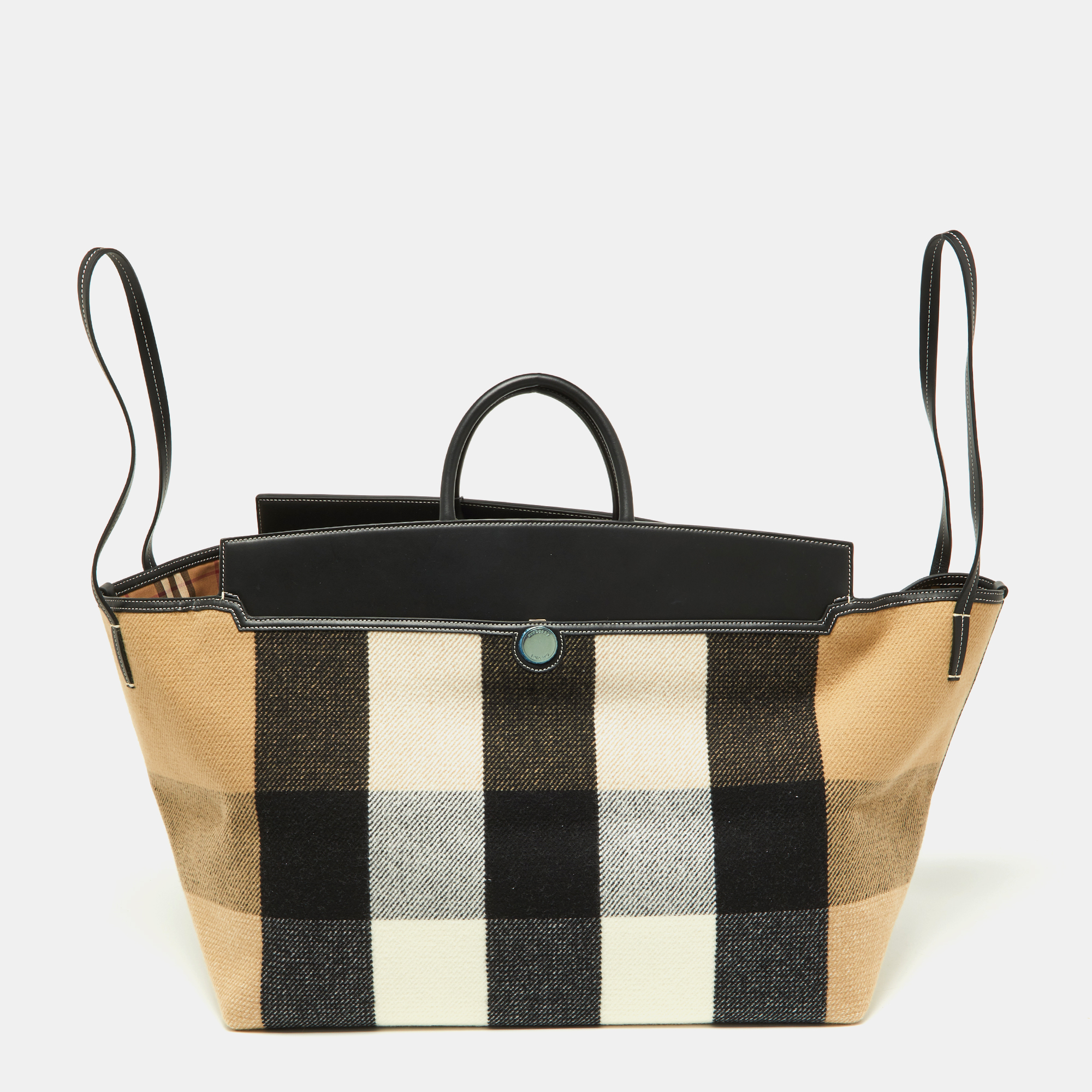 Burberry Black/Beige Check Wool And Leather XL Society Holdall Tote
