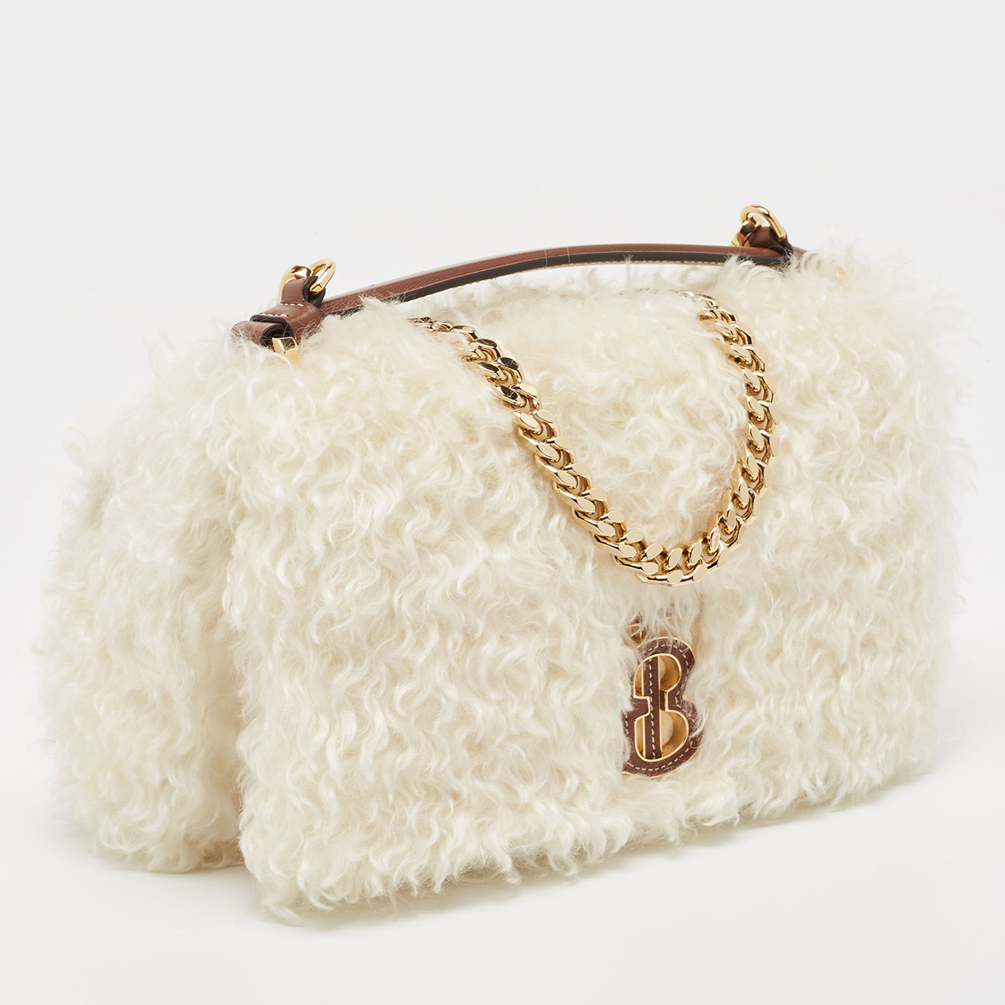Burberry White/Brown Mohair And Leather Small The Lola Chain Shoulder Bag
