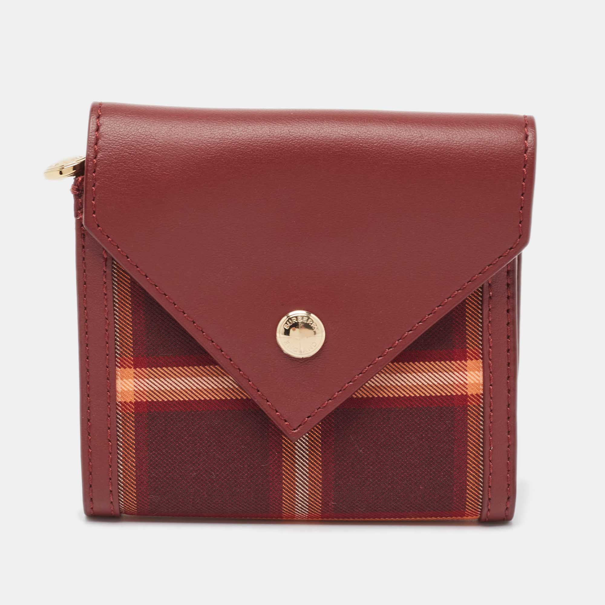 Burberry burgundy tartan check nylon and leather lila trifold compact wallet