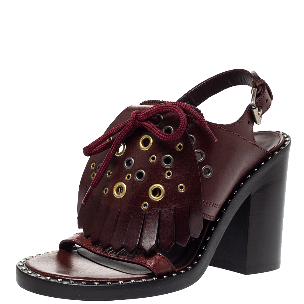 Image of Burberry Burgundy Leather Beverley Fringe Slingback Sandals Size