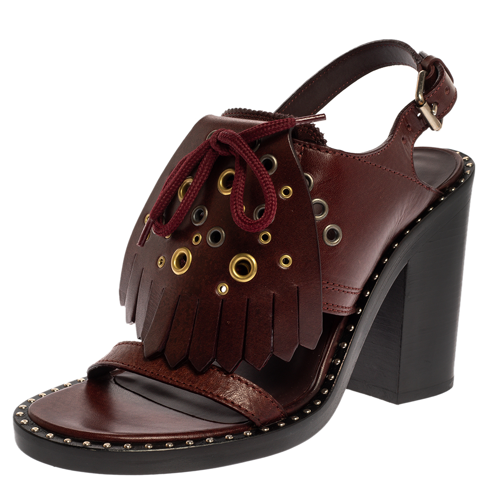 Image of Burberry Burgundy Leather Beverley Eyelet Fringe Detail Slingback Sandals Size