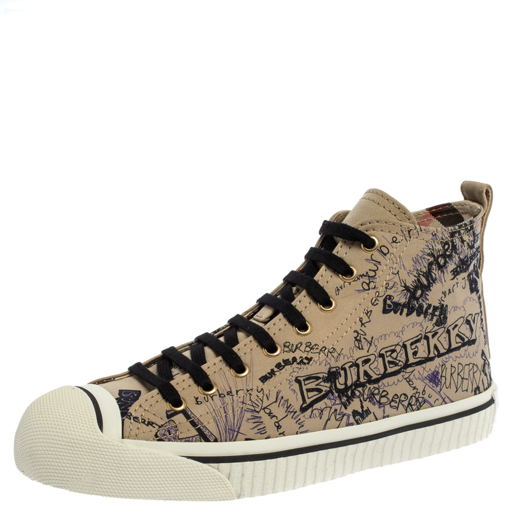 Image of Burberry Beige Canvas Doodle High Top Sneakers Size