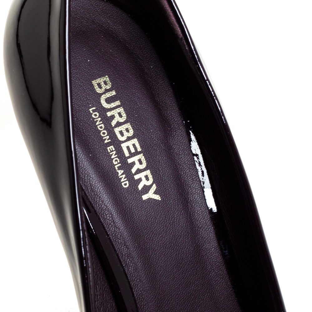 Burberry Dark Brown Patent Leather Jermyn Peep Toe Ankle Cuff Pumps Size 38.5