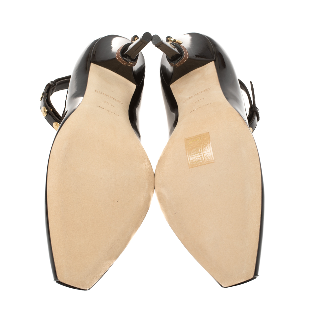 Burberry Dark Brown Patent Leather Jermyn Peep Toe Ankle Cuff Pumps Size 39.5