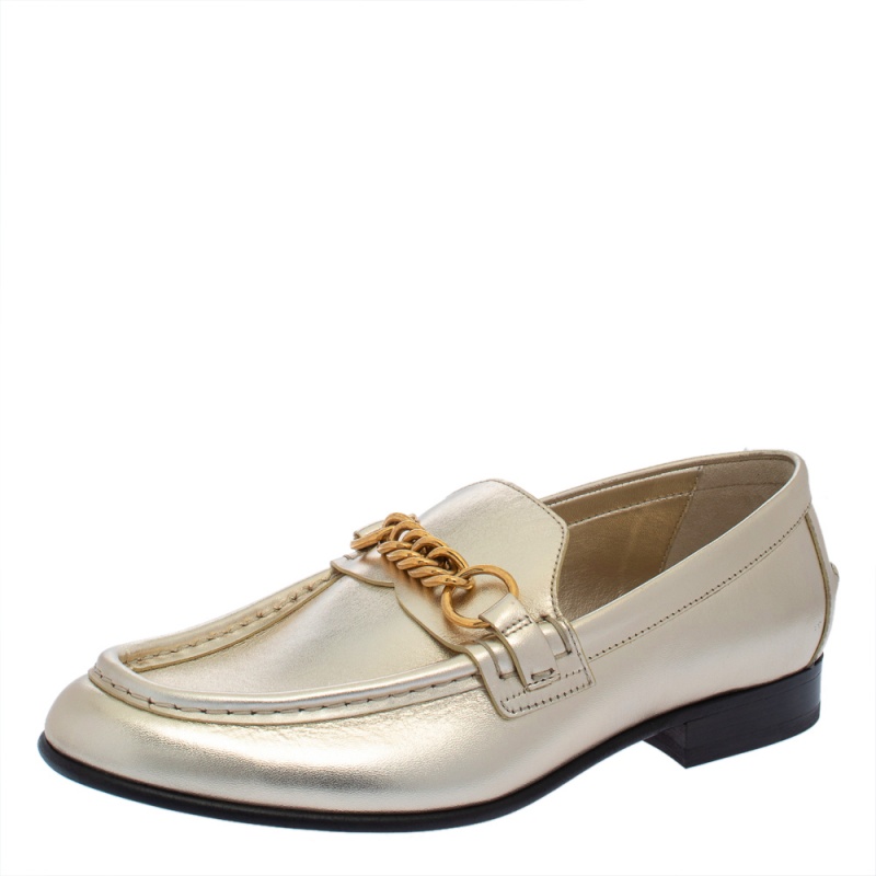 Burberry Metallic Gold Leather Solway Chain Detail Slip On Loafers Size 39.5