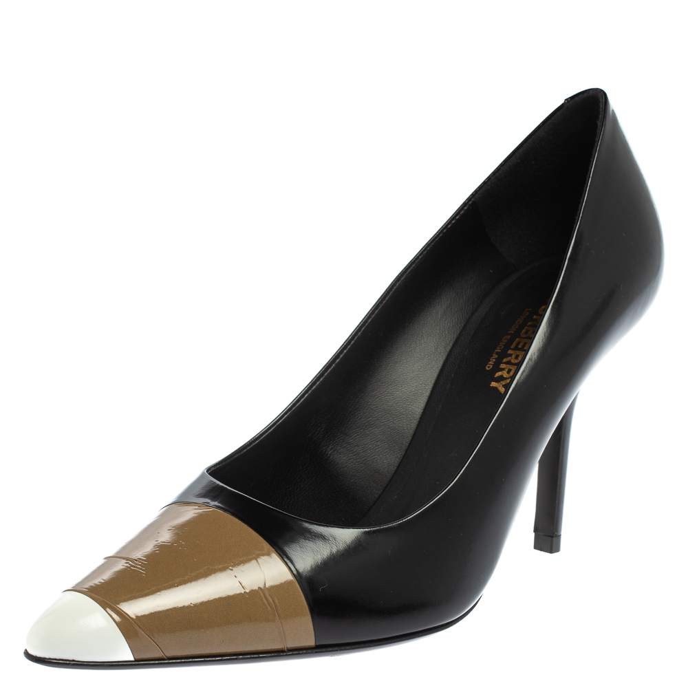 Burberry Black/Brown Leather and Patent Leather Pointed Toe Annalise Pumps Size 37.5