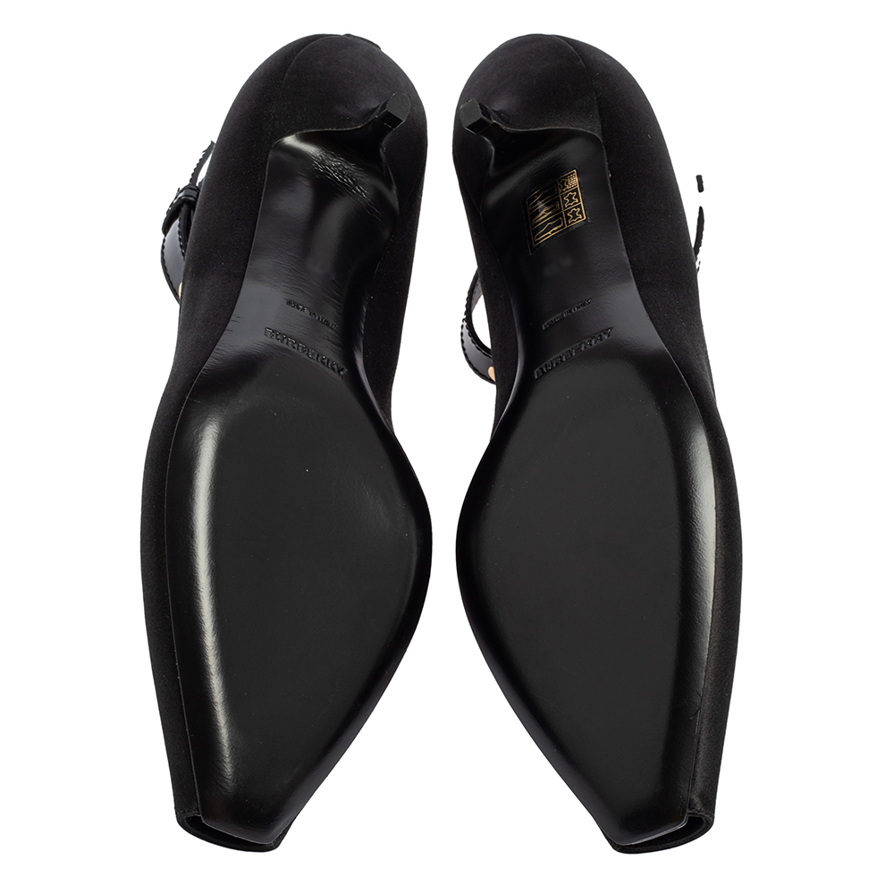 Burberry Black Satin Peep Toe Ankle Strap Pumps Size 37.5