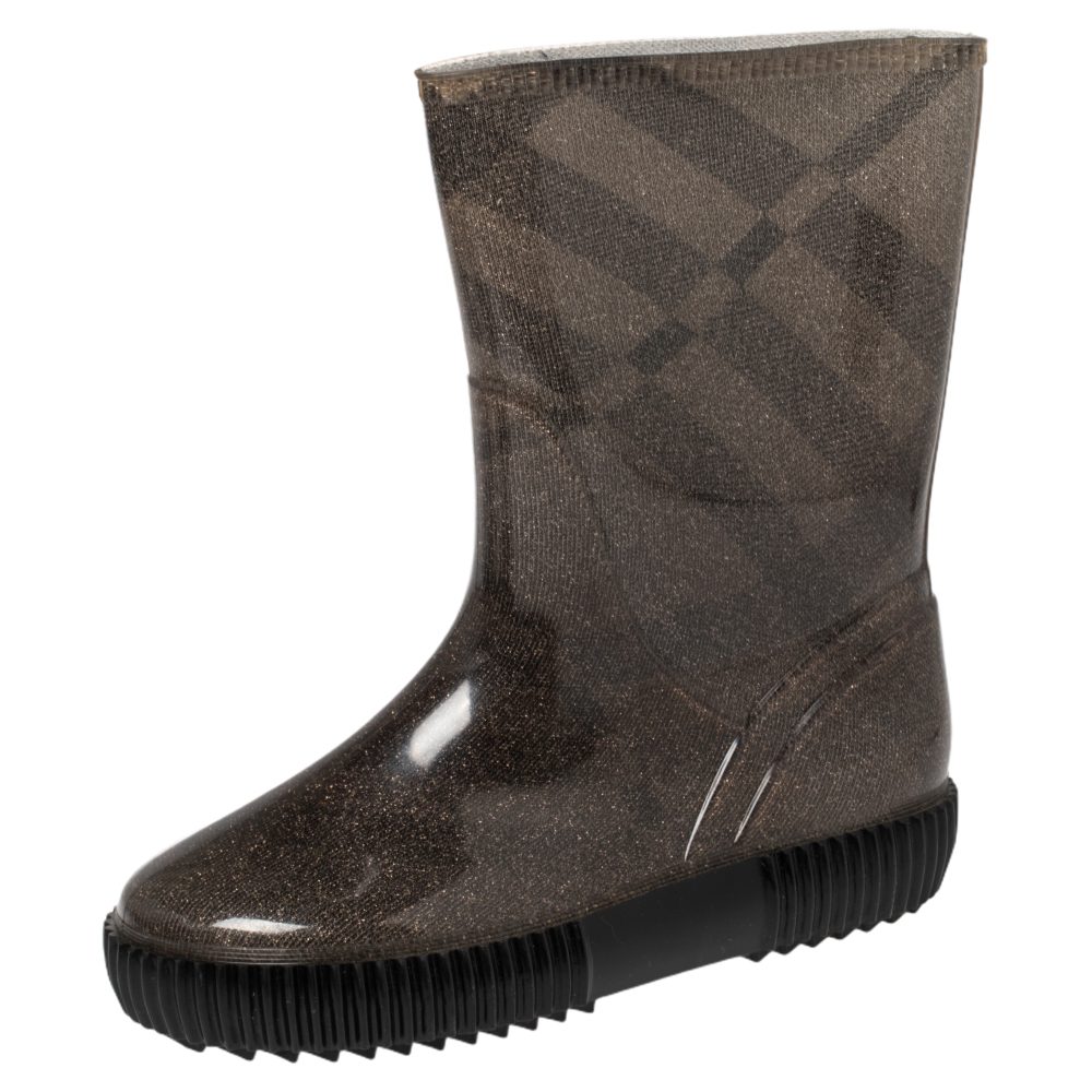 Burberry Grey Check Knit Fabric And PVC Rain Boots Size 35/36