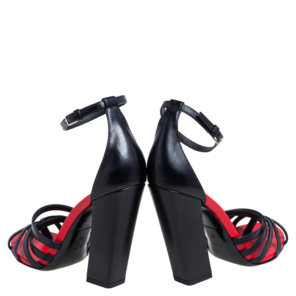 Burberry Black/Red Leather Hove Heel Ankle Strap Sandals Size 39