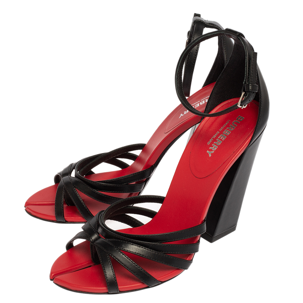 Burberry Black/Red Leather Hove Heel Ankle Strap Sandals Size 38